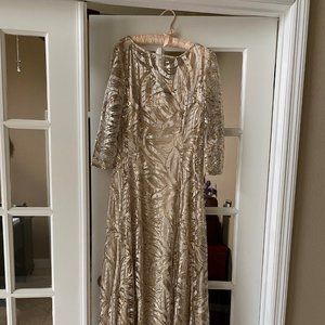 Tahari Boat Neck 3/4 Sleeve Embroidered A-Line Gown